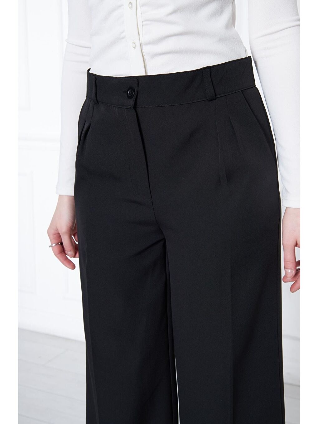 Siyah Kadın Bej Yüksek Bel Palazzo Pantolon-1