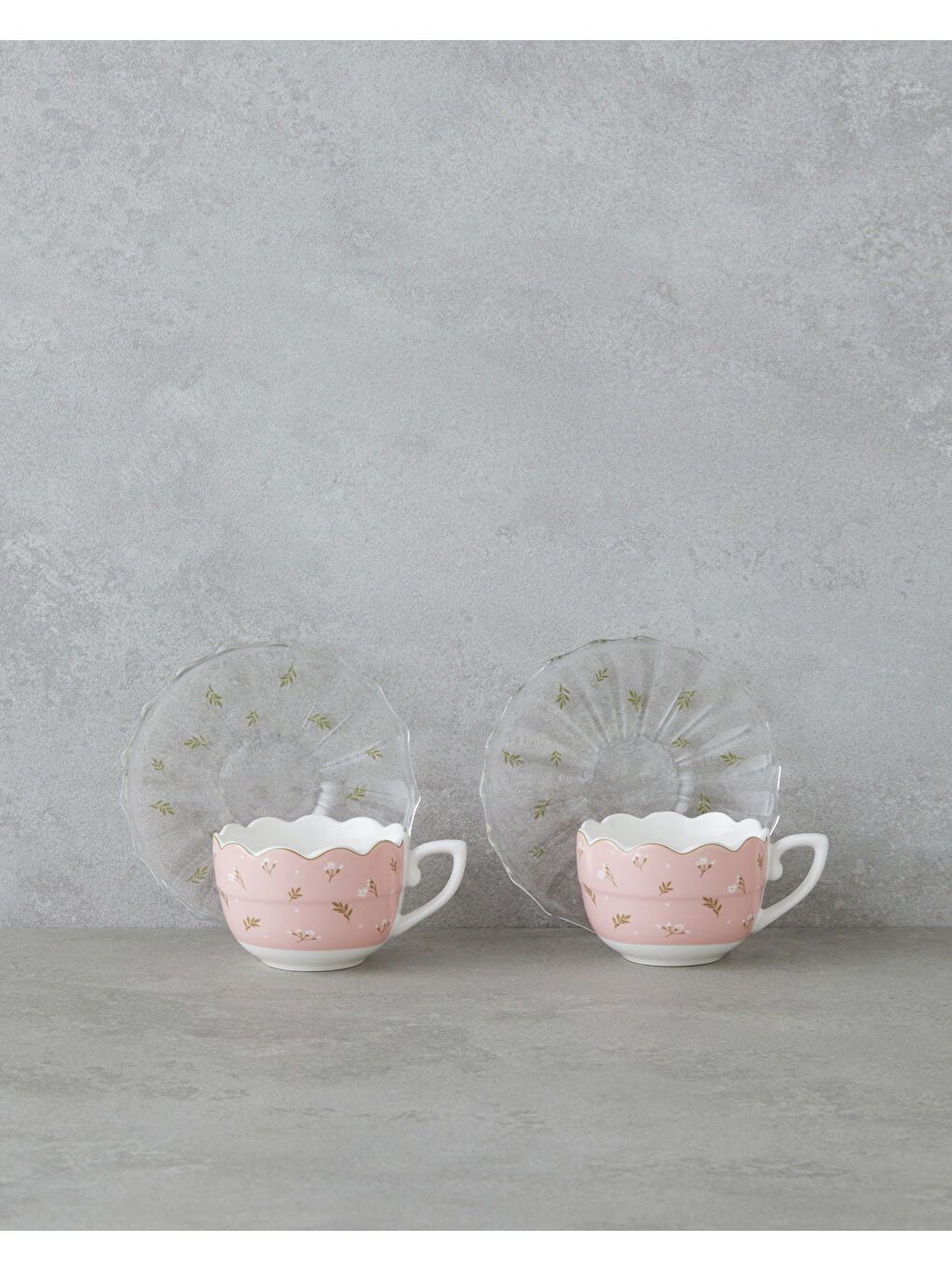 Charming New Bone China 4 Parça 2 Kişilik Cam Tabaklı Kahve Fincan Takımı 80 ml Pembe - Yeşil-1