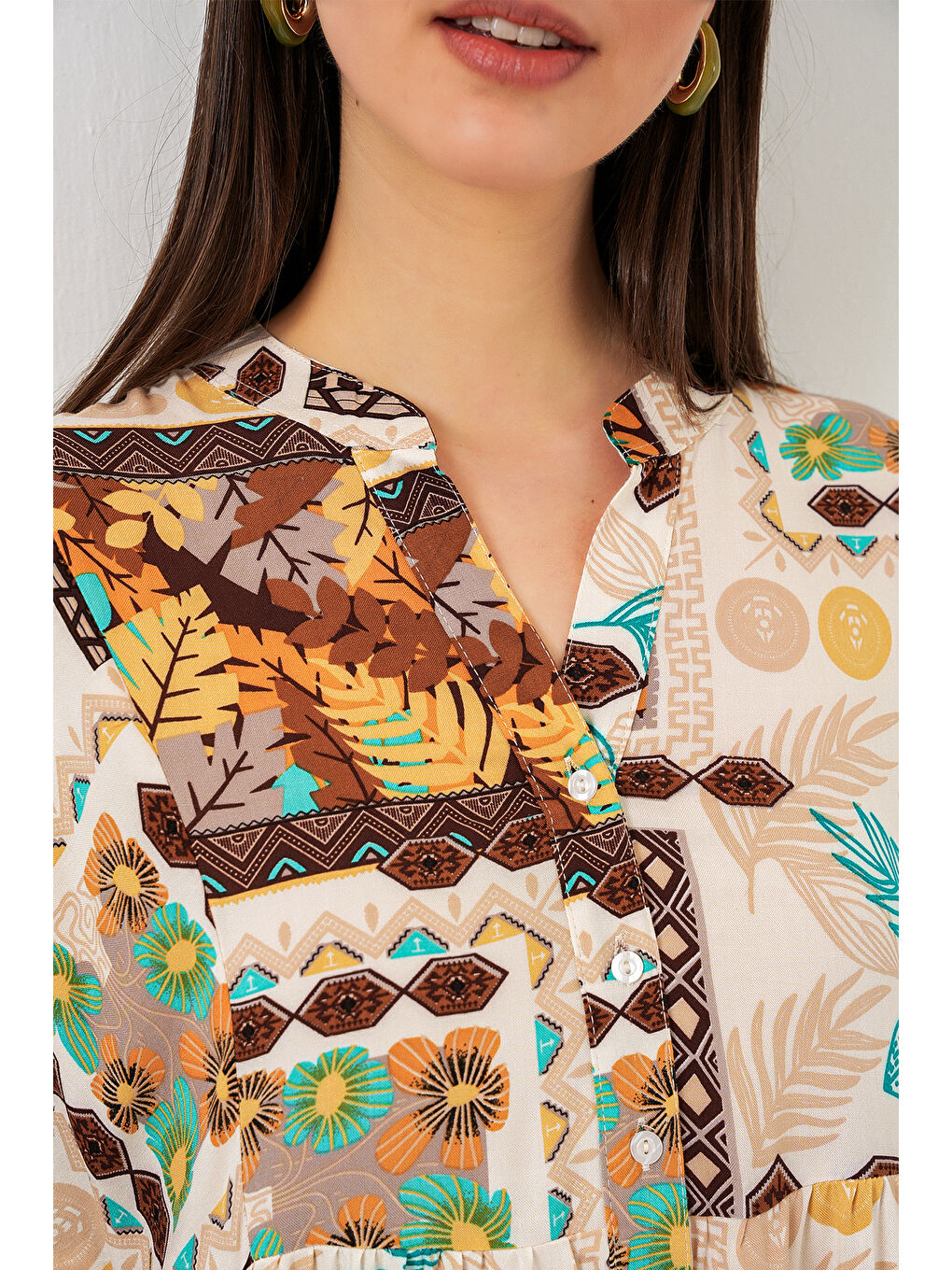 Kadın Desenli Uzun Tesettür Elbise 2585 - H. Kahverengi-4