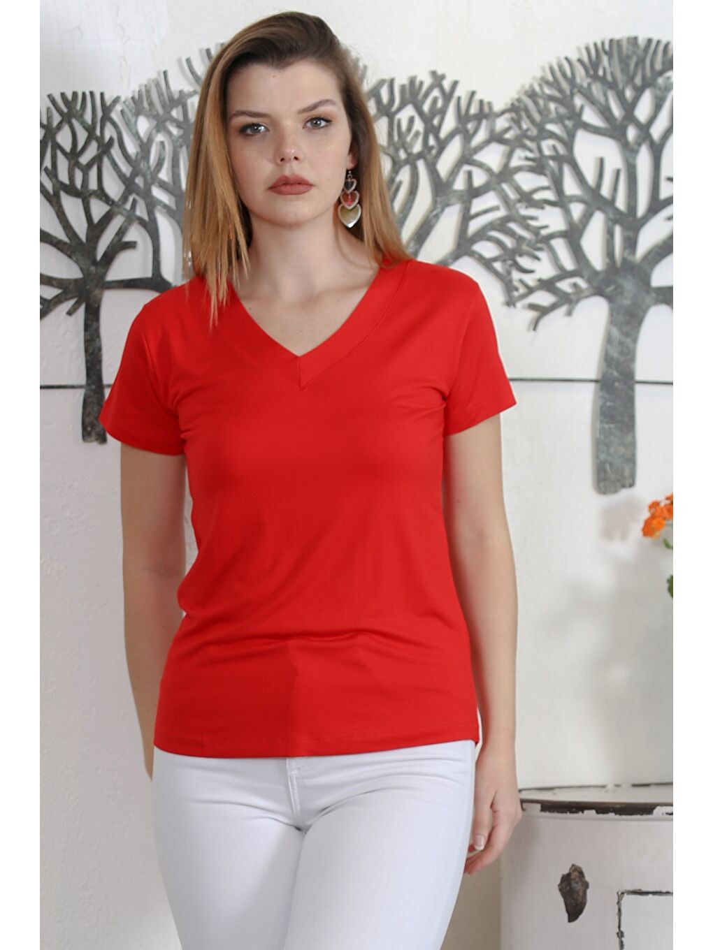 Kırmızı V Yaka Kısa Kol Örme Casual Bluz-3