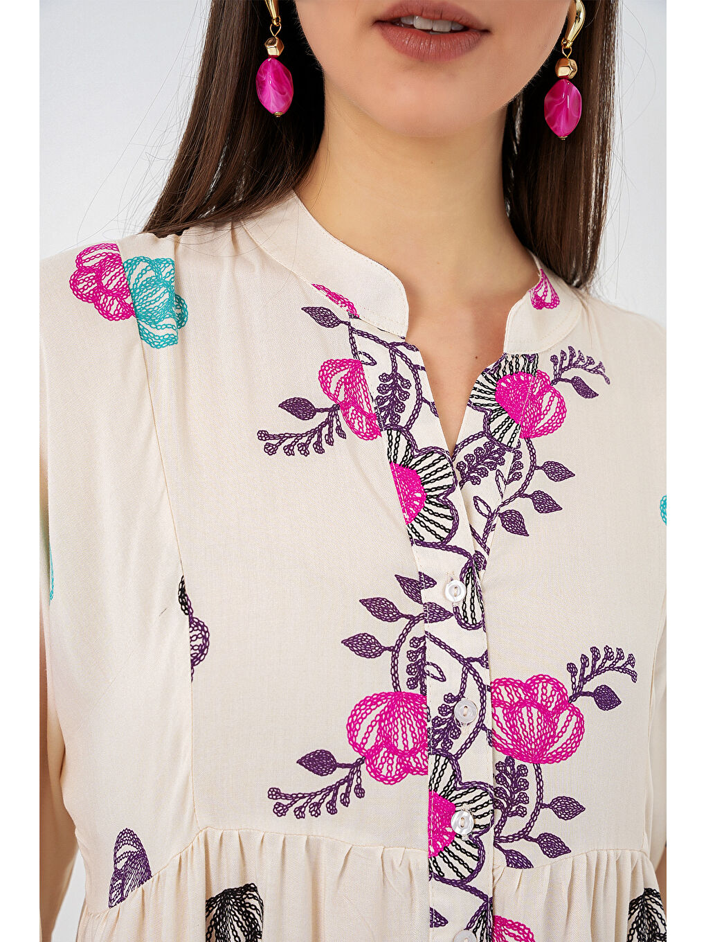 Kadın Desenli Uzun Tesettür Elbise 2585 - C. Fuşya-3