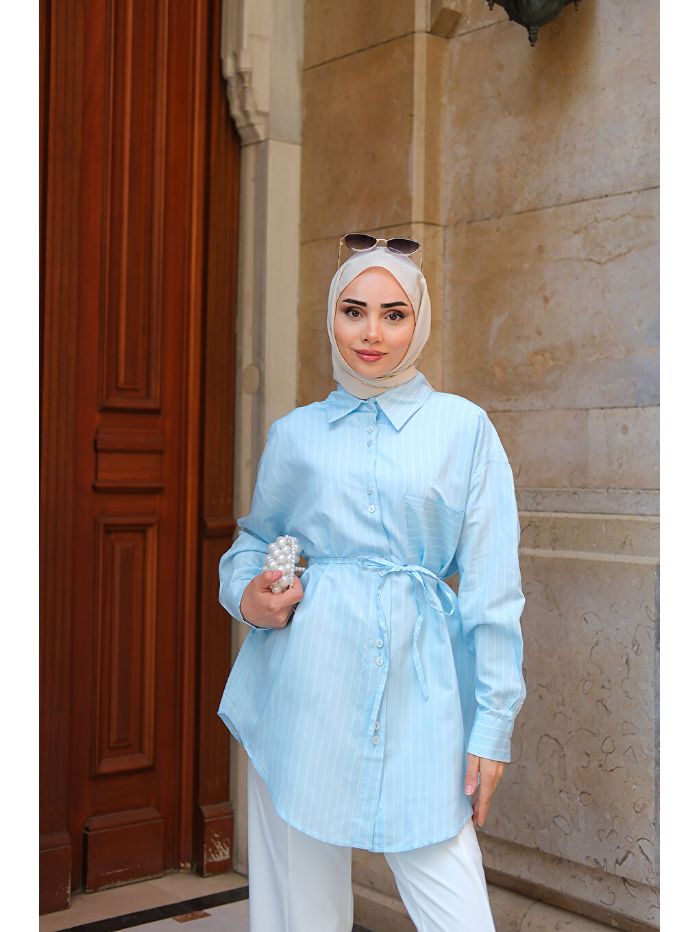 Kadın Çizgili Gömlek Mavi-3