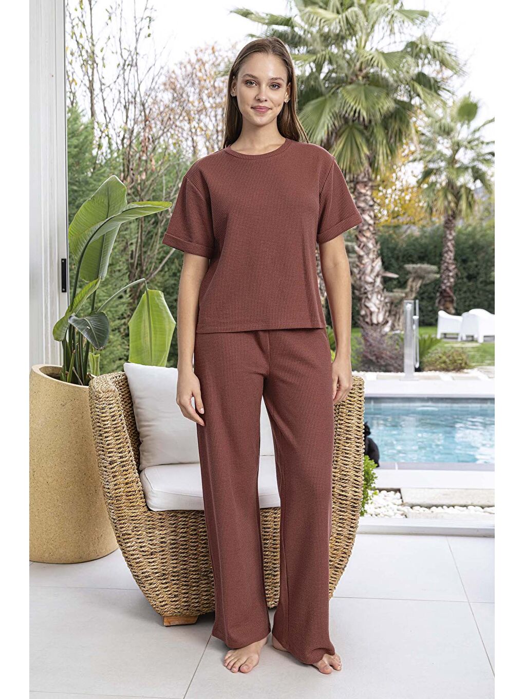 Sarı Kadın Kısa Kol Waffle Kumaş Pijama Takımı 260108 Koyu Kiremit-1