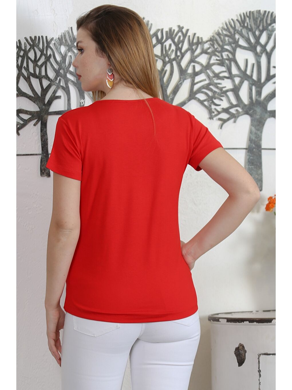 Kırmızı V Yaka Kısa Kol Örme Casual Bluz-4