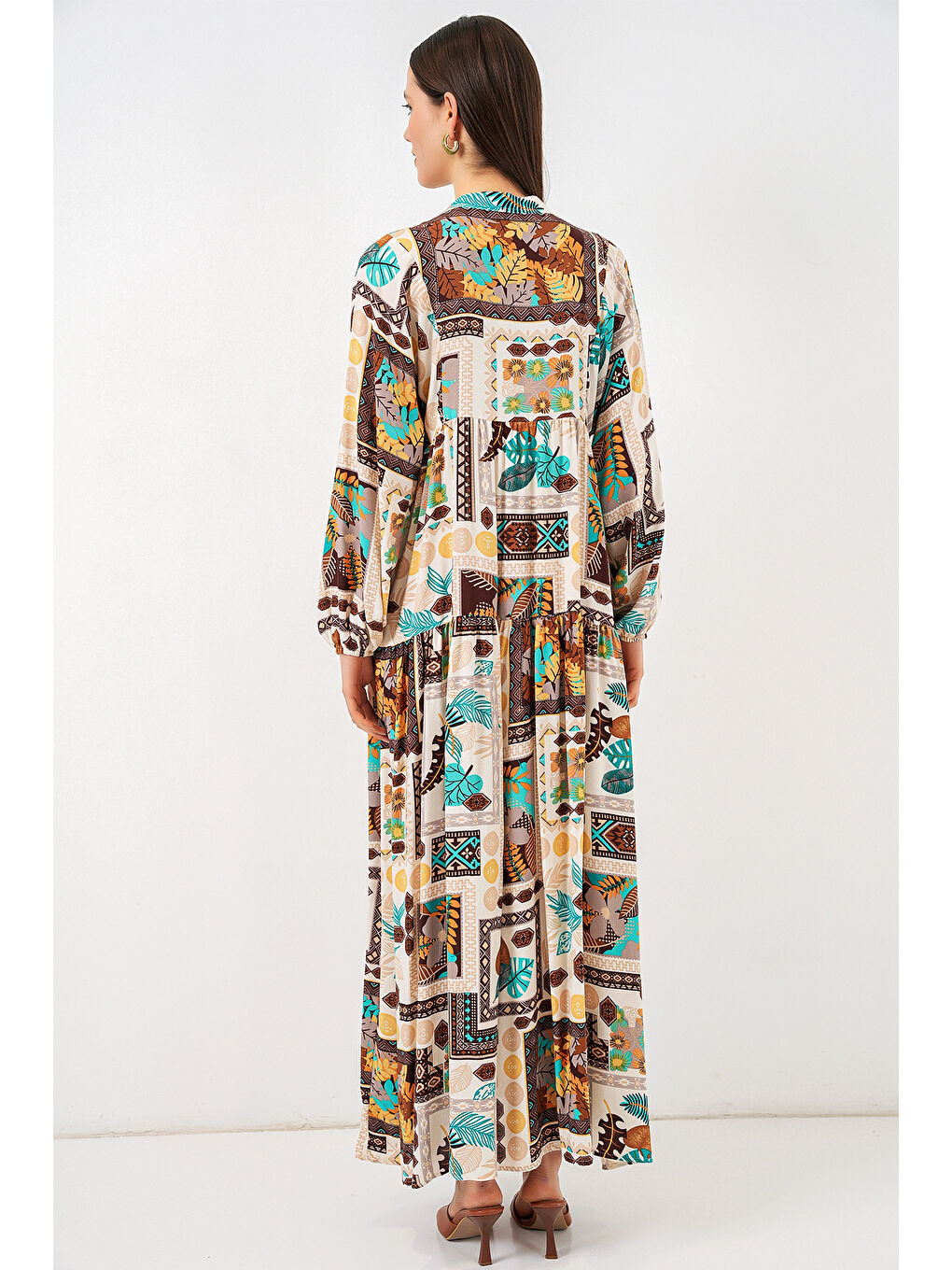 Kadın Desenli Uzun Tesettür Elbise 2585 - H. Kahverengi-5