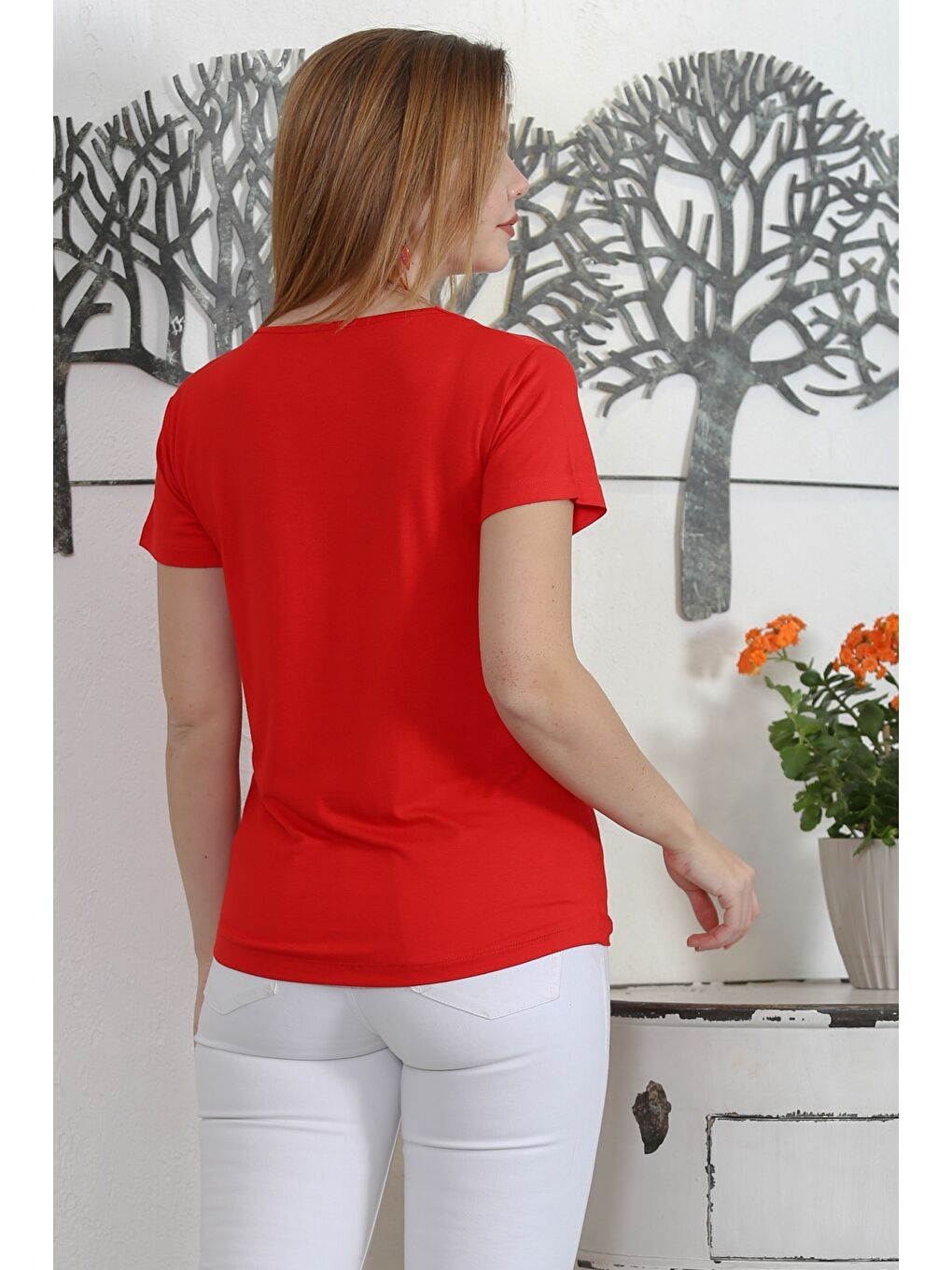 Kırmızı V Yaka Kısa Kol Örme Casual Bluz-5