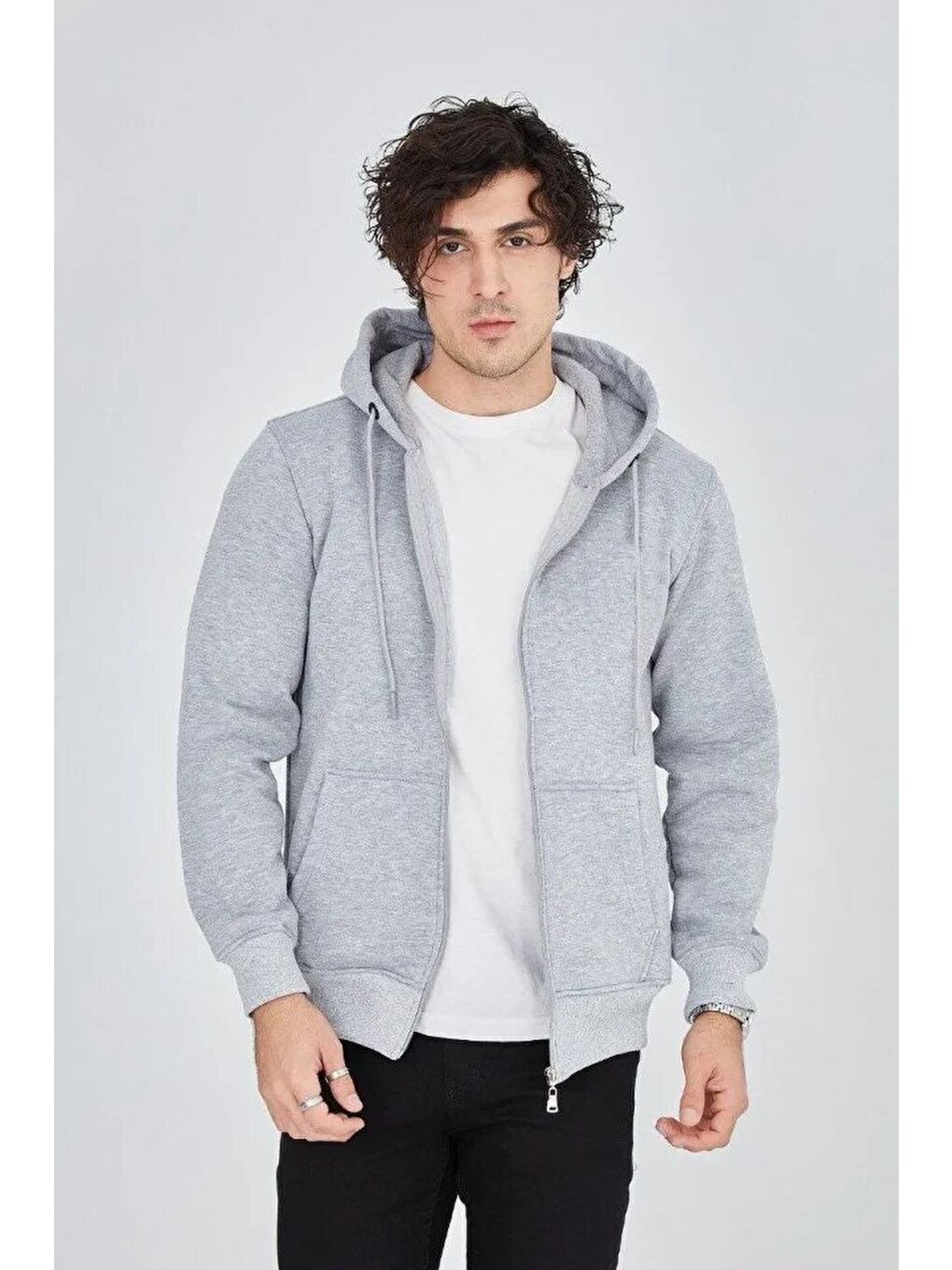 Erkek Kapüşonlu Düz Fermuarlı Hırka - Gri