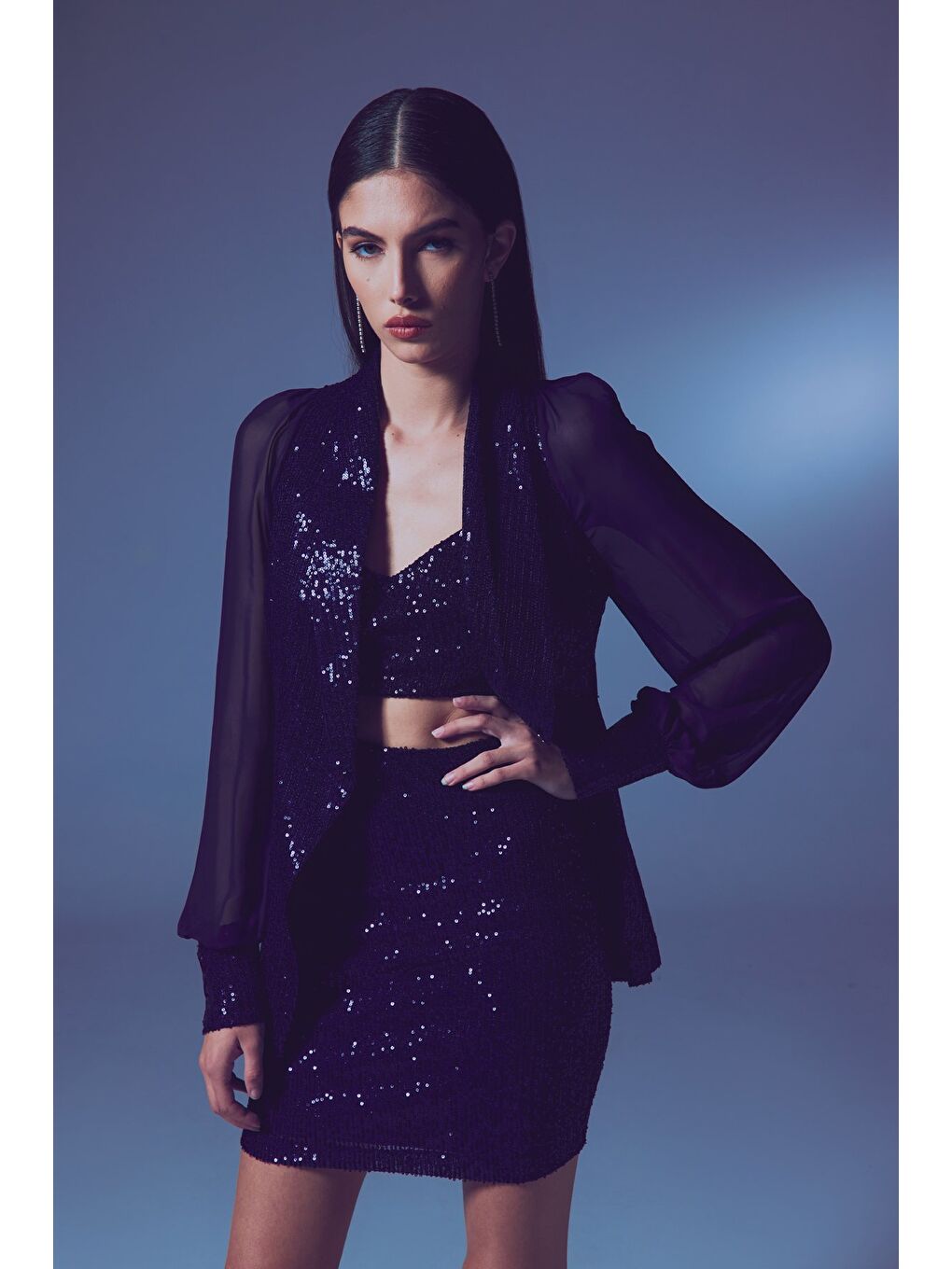 Şifon Kollu Payet Ceket - Lacivert-1