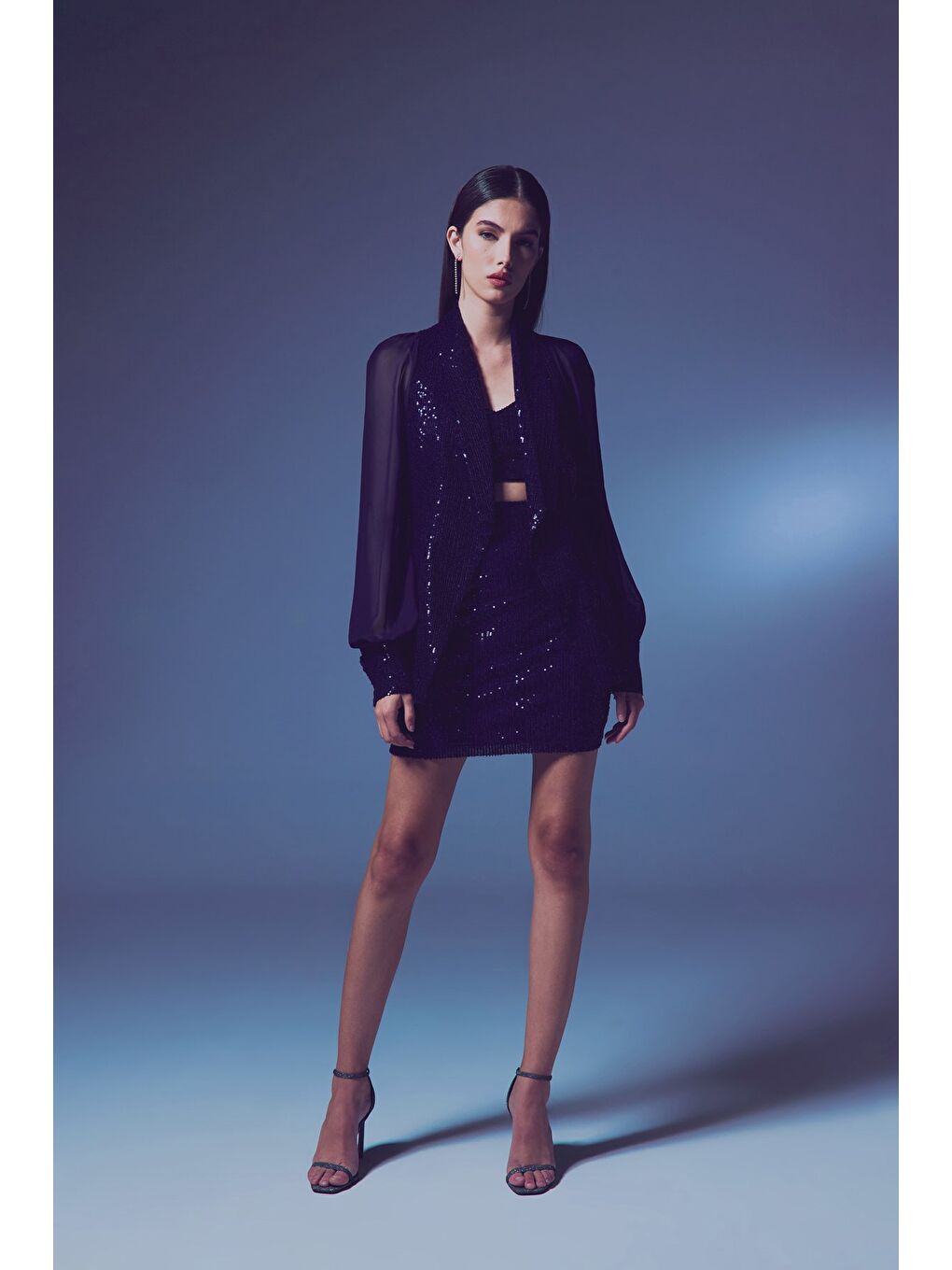 Şifon Kollu Payet Ceket - Lacivert-3