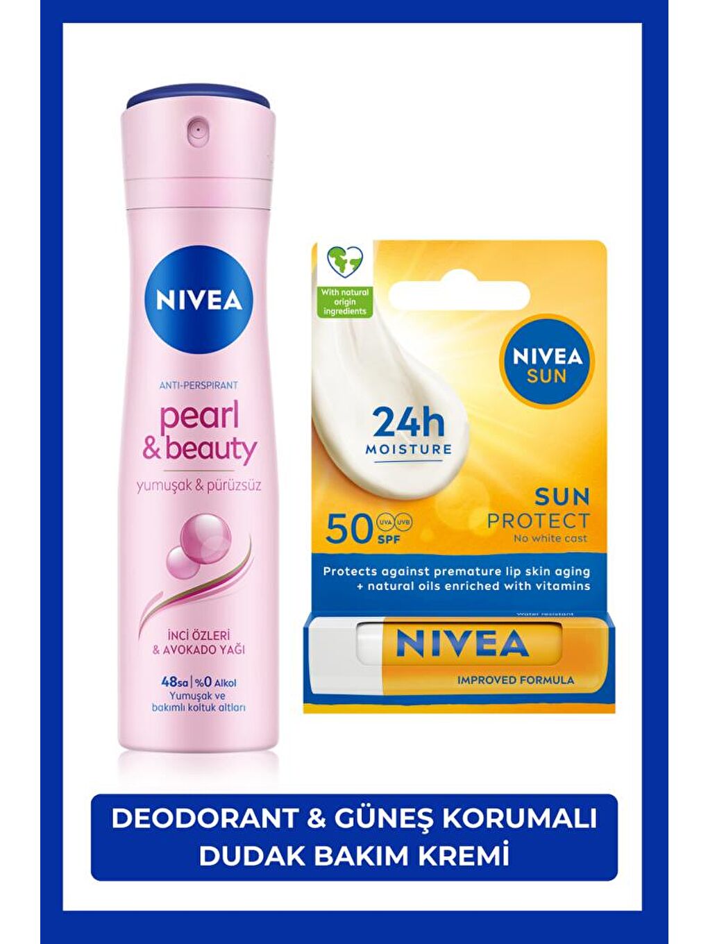 Kadın Sprey Deodorant Pearl&Beauty 150ml ve Yüksek Güneş Korumalı Dudak Bakım Kremi, SPF50