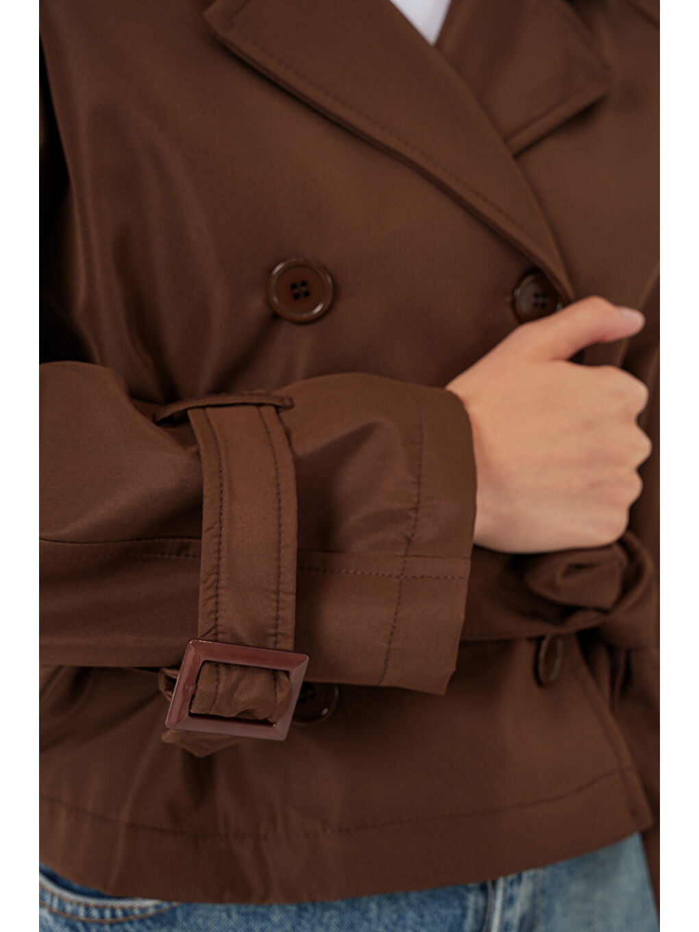 Kadın Kemerli Kısa Trençkot 5970 - Kahverengi-5