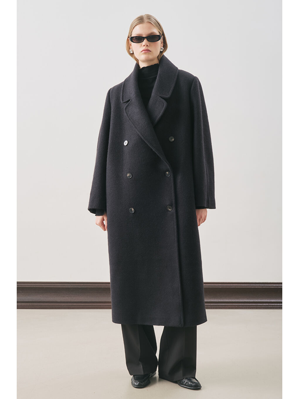 Kruvaze Yün Palto Siyah-5