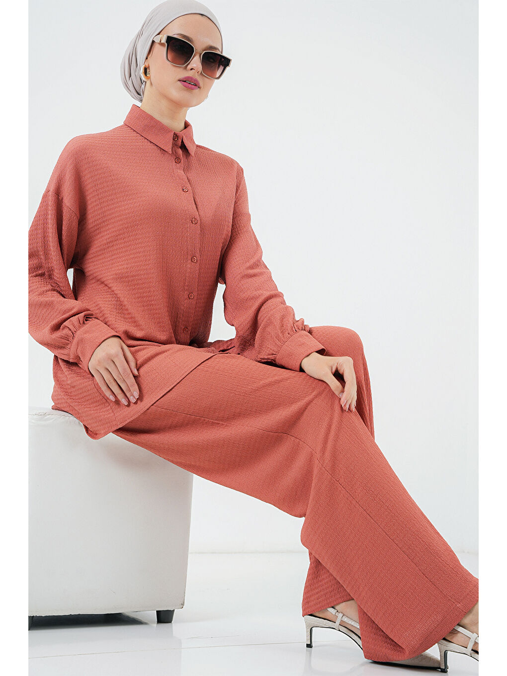 Pembe Kadın Örme Tesettür Alt Üst Takım 6711 - Gül Kurusu-1