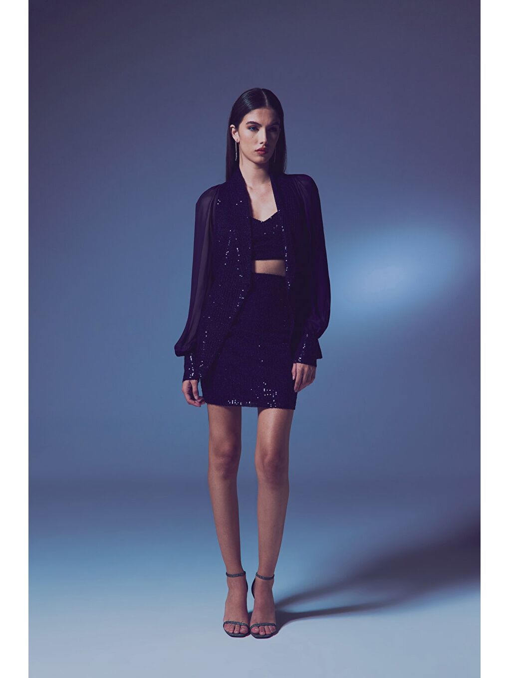 Şifon Kollu Payet Ceket - Lacivert-4