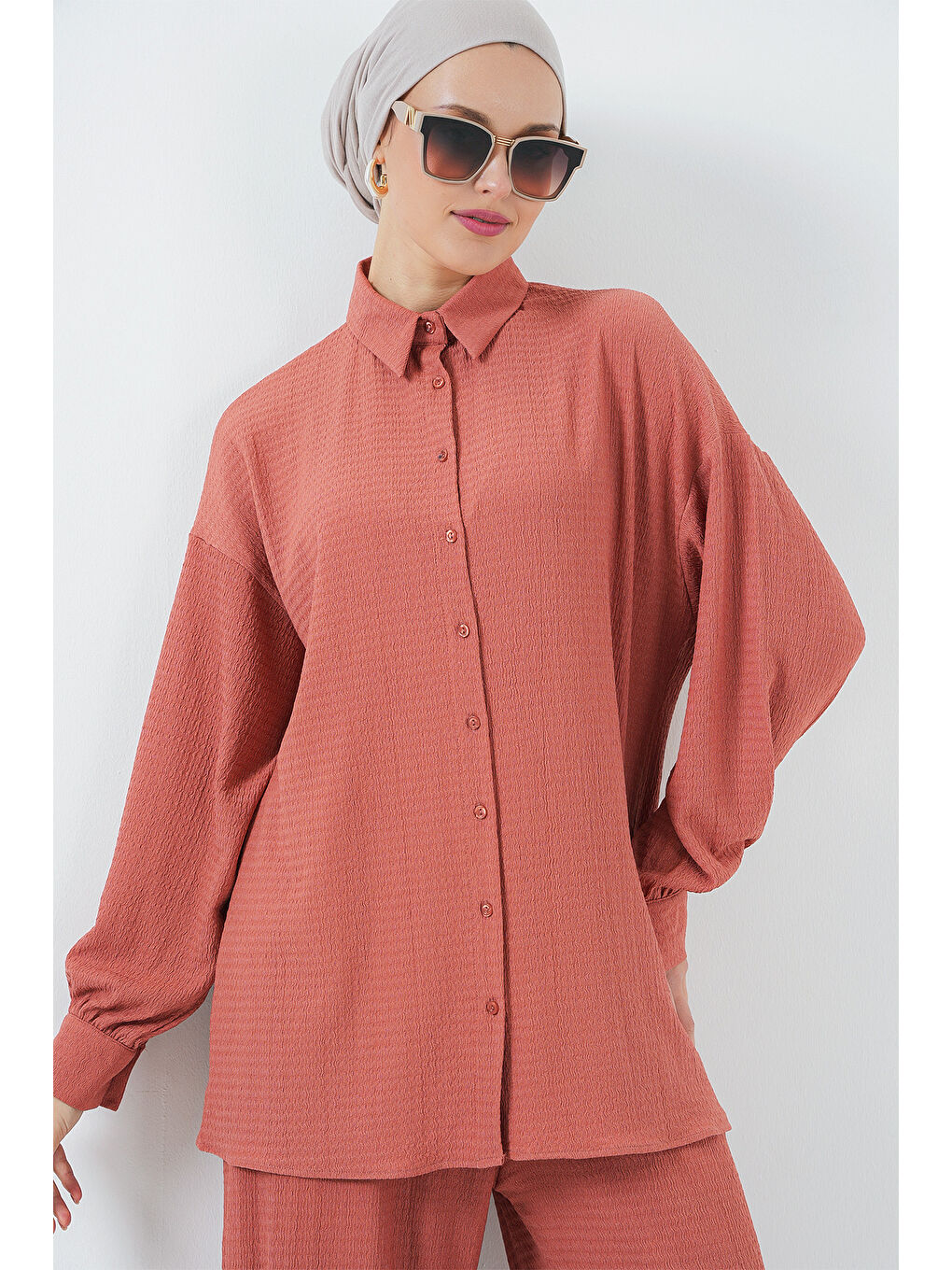 Pembe Kadın Örme Tesettür Alt Üst Takım 6711 - Gül Kurusu-2