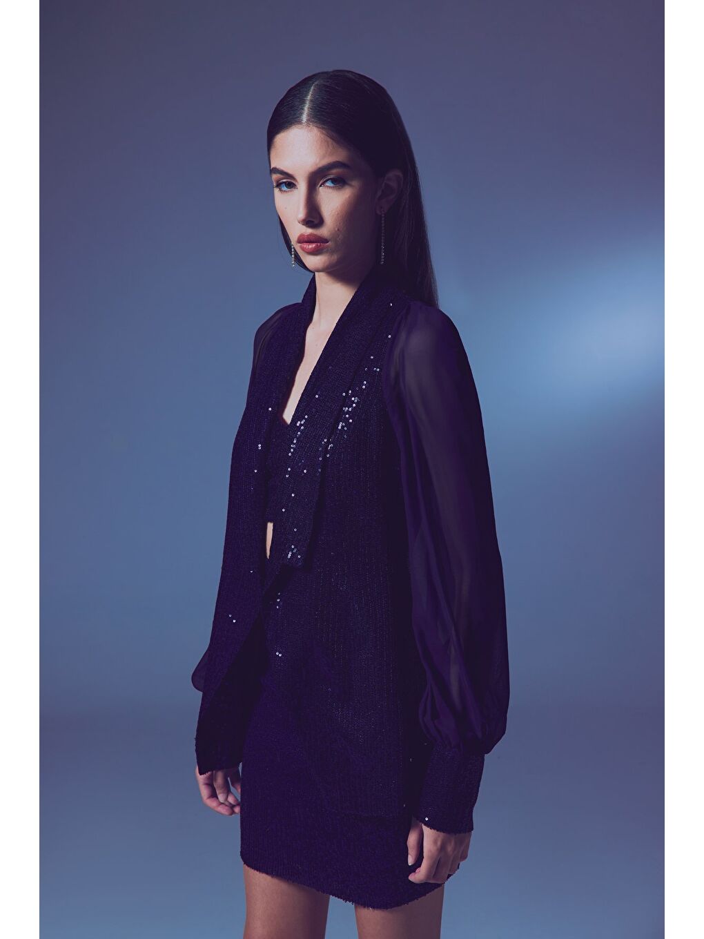 Şifon Kollu Payet Ceket - Lacivert-5