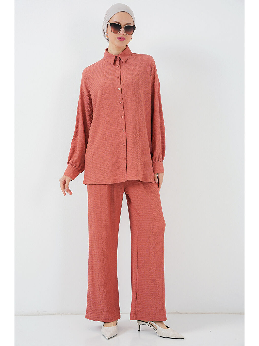 Pembe Kadın Örme Tesettür Alt Üst Takım 6711 - Gül Kurusu-3