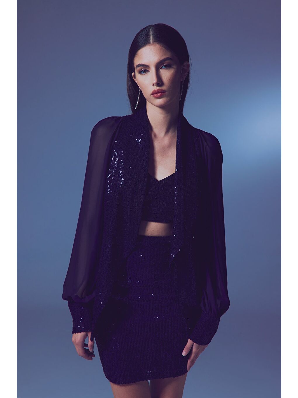 Şifon Kollu Payet Ceket - Lacivert-6