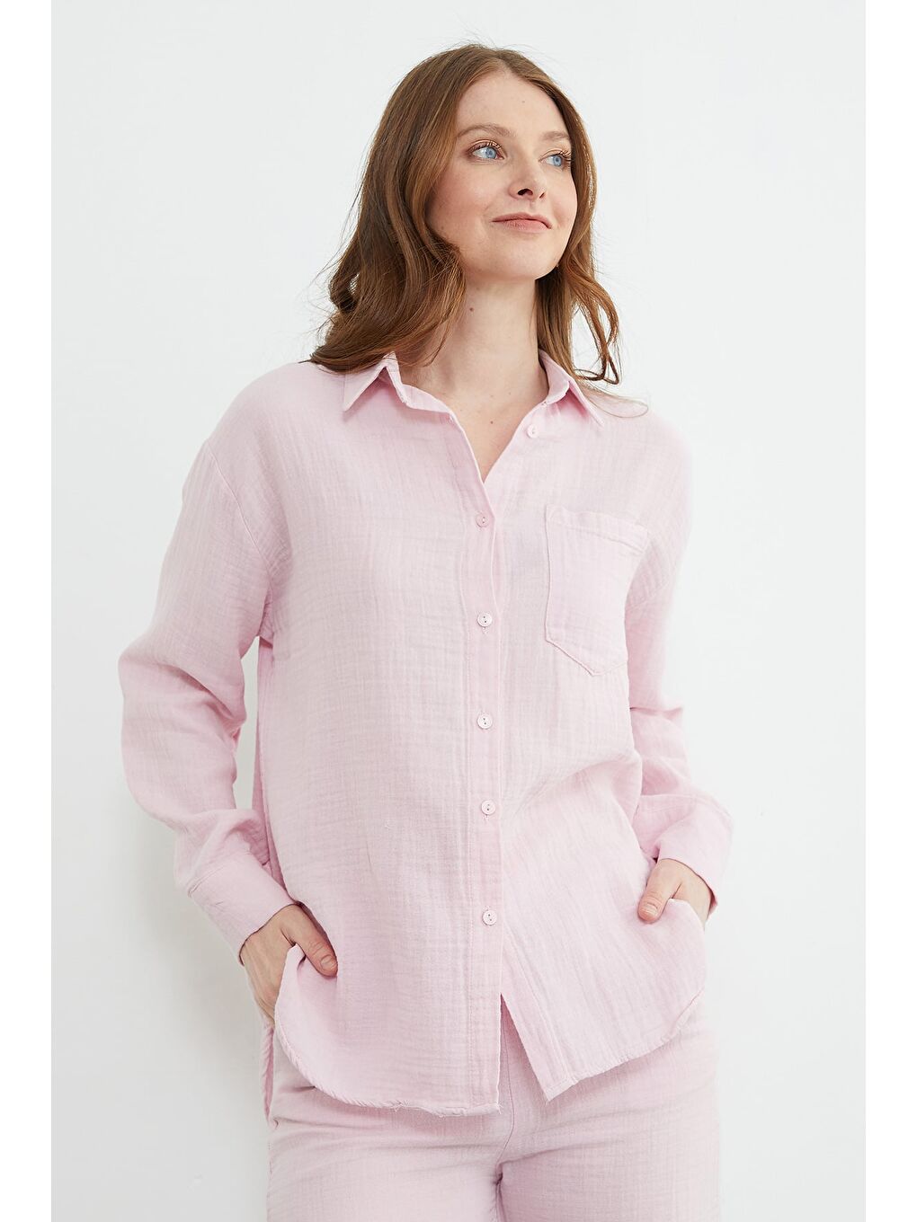 Pembe Tek Cepli Müslin Kumaş Salaş Gömlek-1