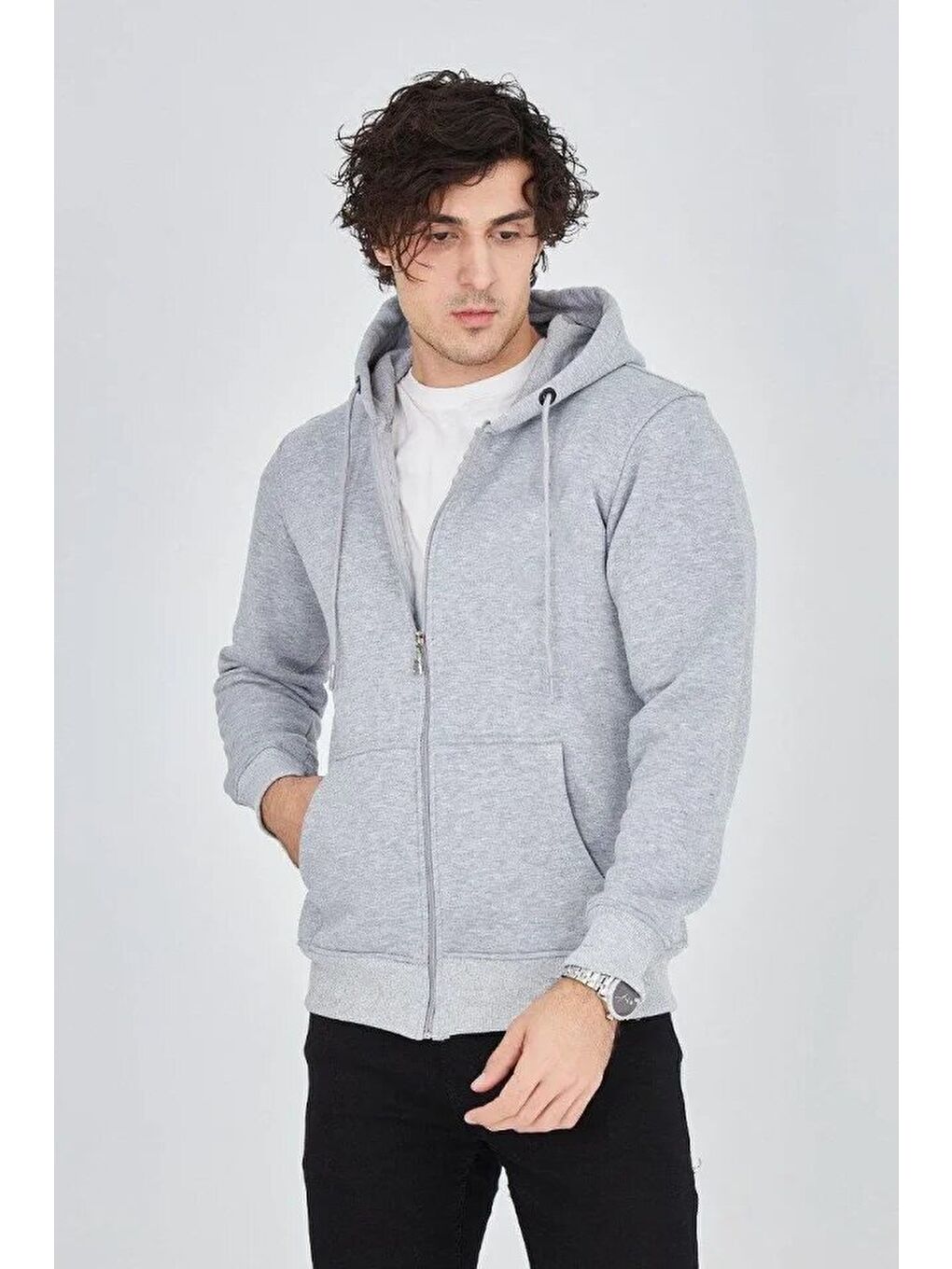 Erkek Kapüşonlu Düz Fermuarlı Hırka - Gri-2