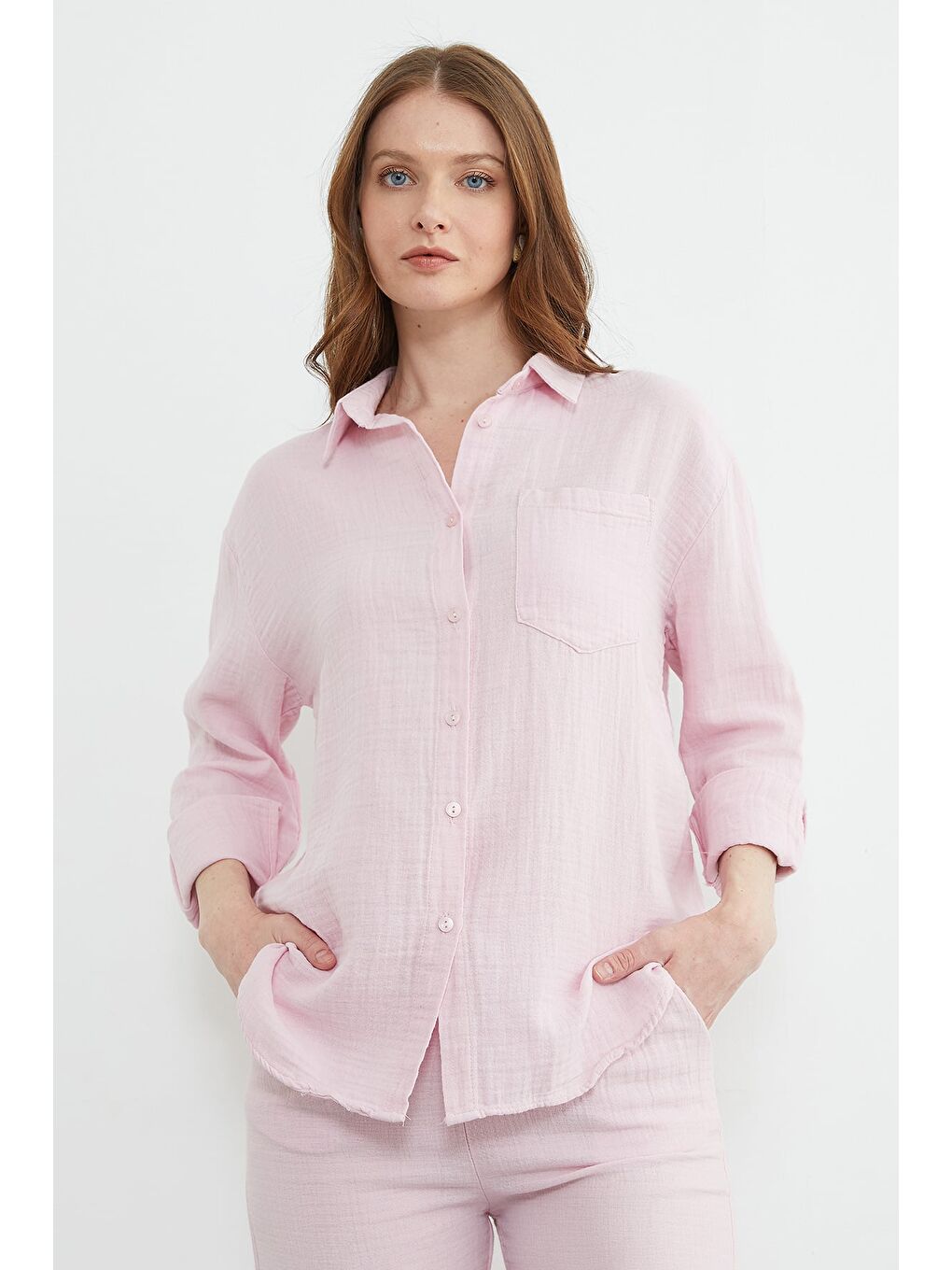 Pembe Tek Cepli Müslin Kumaş Salaş Gömlek-2
