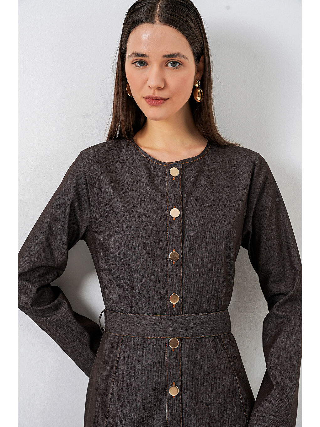 Gri Kadın Kuşaklı Uzun Denim Elbise 2595 - Füme-1