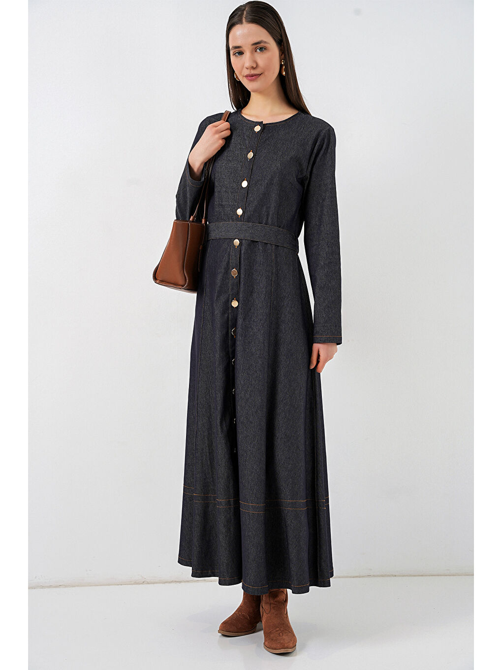 Kadın Kuşaklı Uzun Denim Elbise 2595 - Lacivert