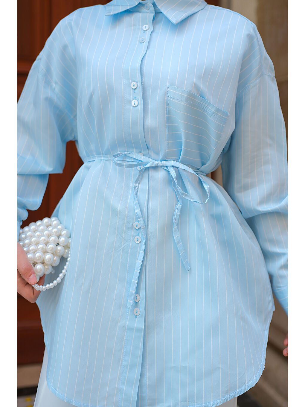 Kadın Çizgili Gömlek Mavi-4