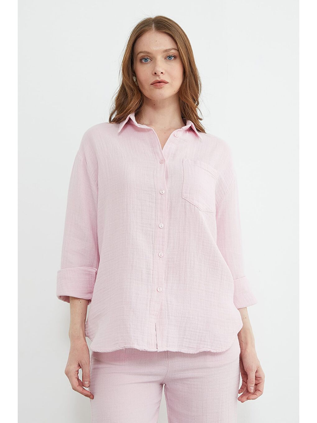 Pembe Tek Cepli Müslin Kumaş Salaş Gömlek-3