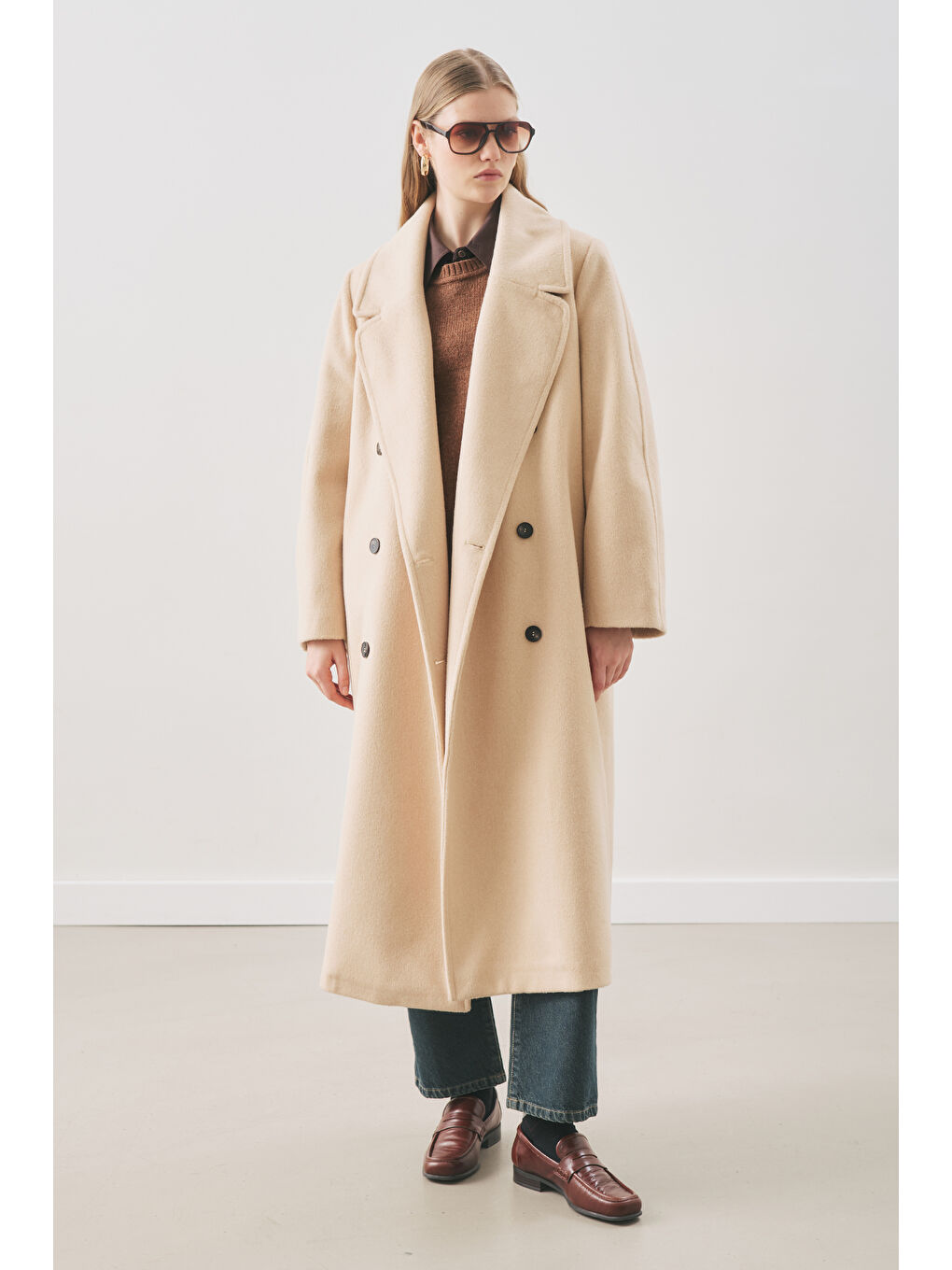Kruvaze Yün Palto Bej-1