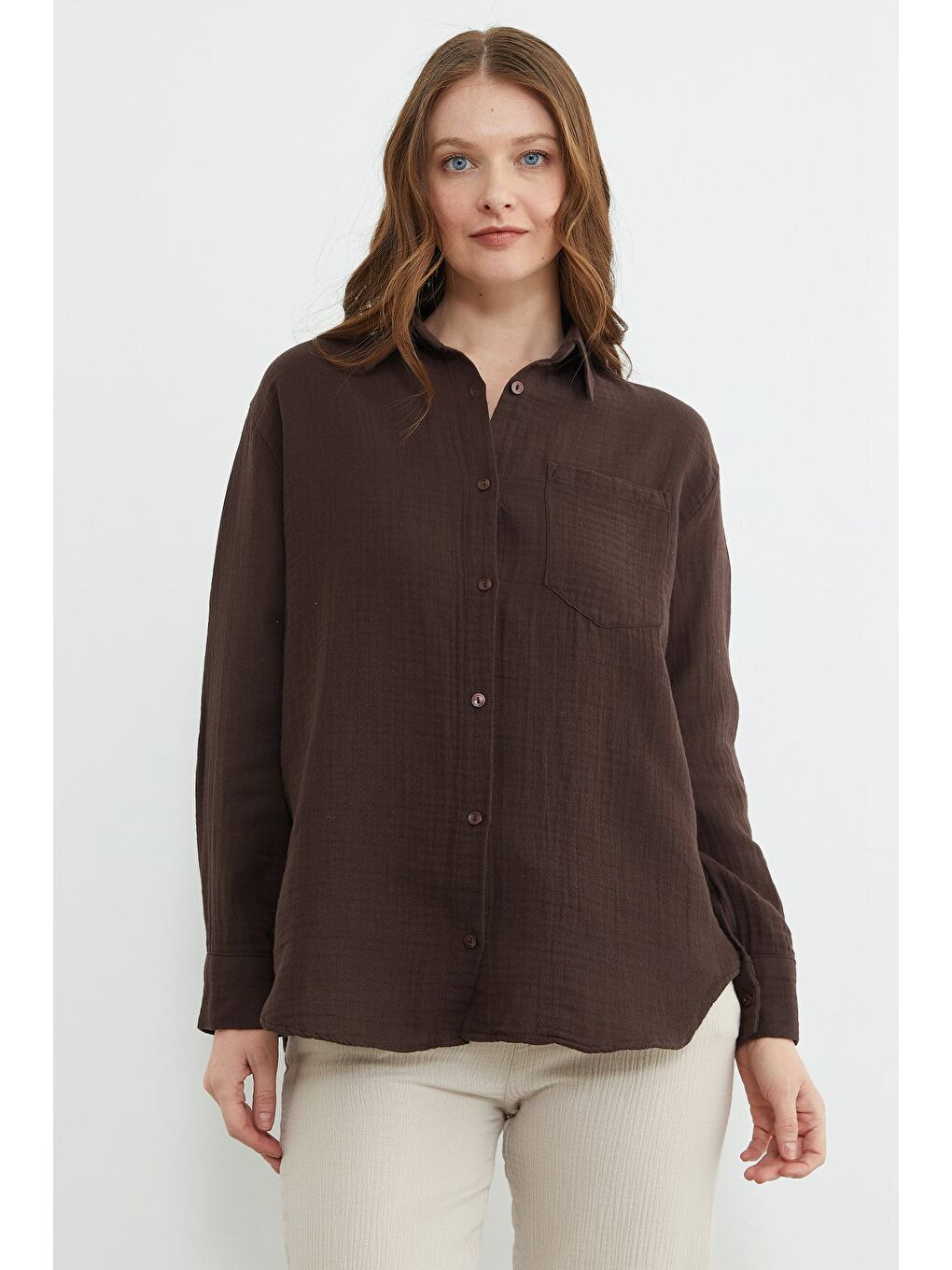 Kahverengi Tek Cepli Müslin Kumaş Salaş Gömlek-2
