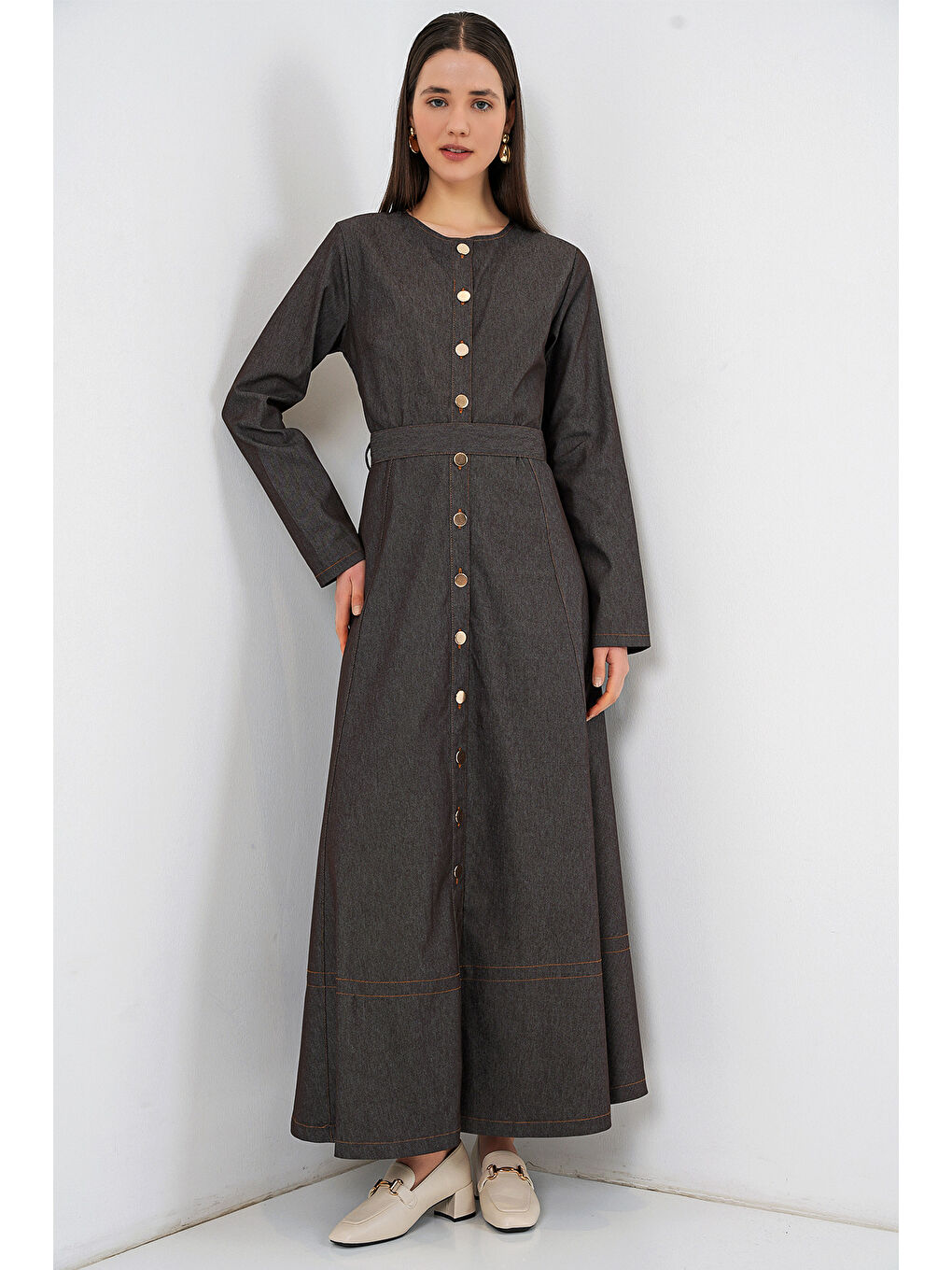 Gri Kadın Kuşaklı Uzun Denim Elbise 2595 - Füme-2