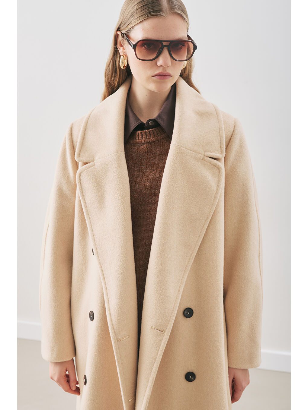 Kruvaze Yün Palto Bej-2