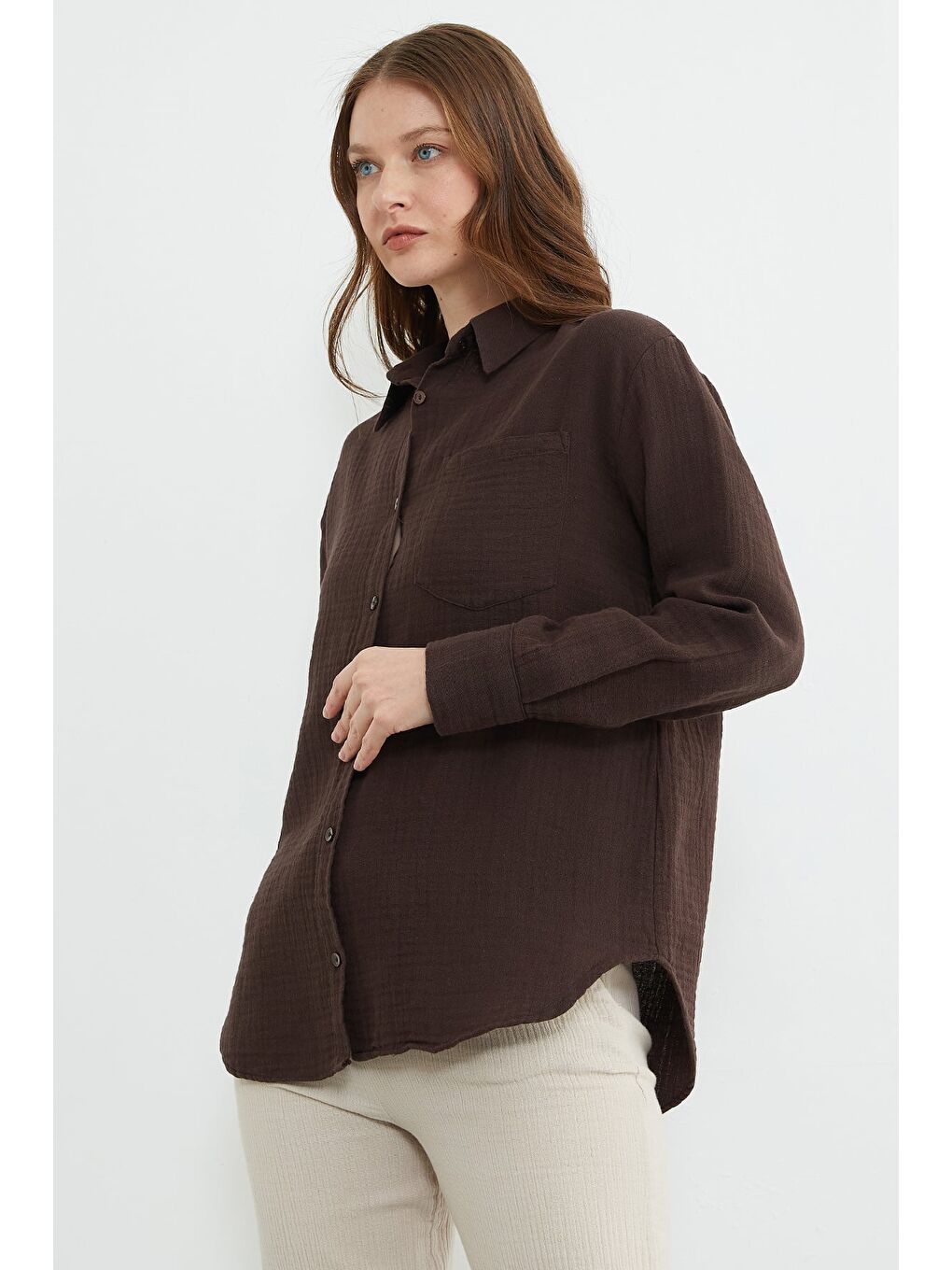 Kahverengi Tek Cepli Müslin Kumaş Salaş Gömlek-3