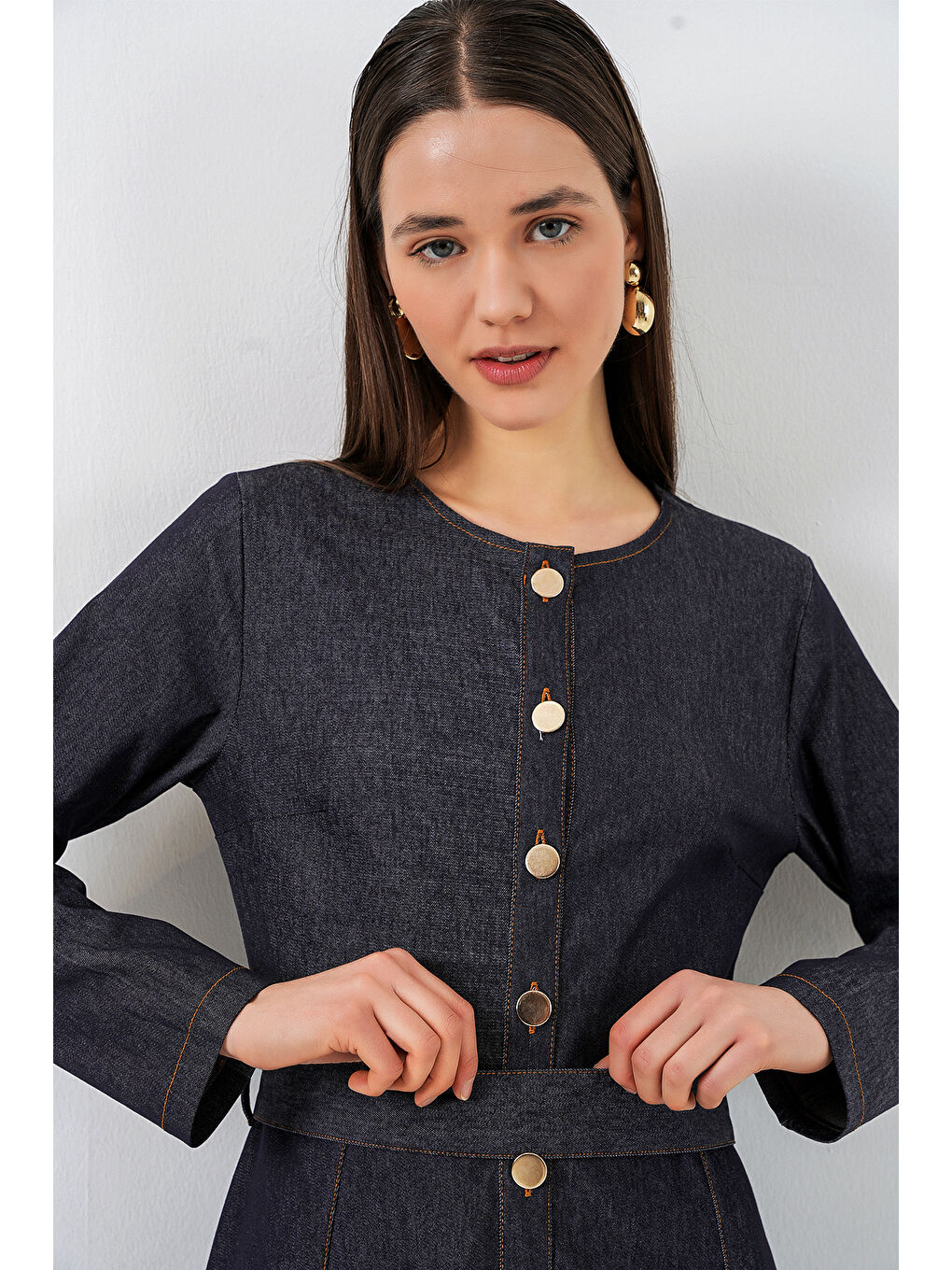 Kadın Kuşaklı Uzun Denim Elbise 2595 - Lacivert-1
