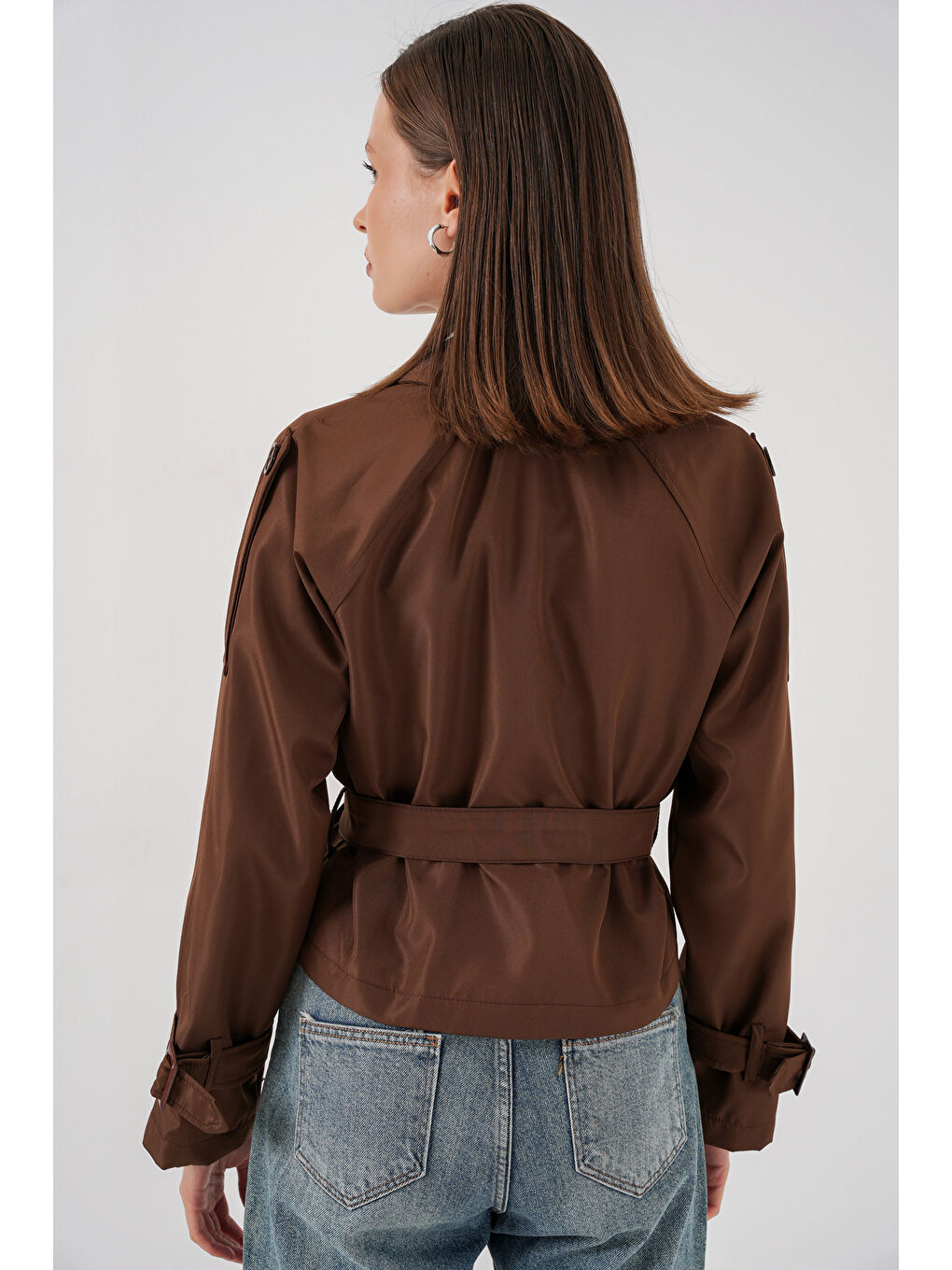 Kadın Kemerli Kısa Trençkot 5970 - Kahverengi-6