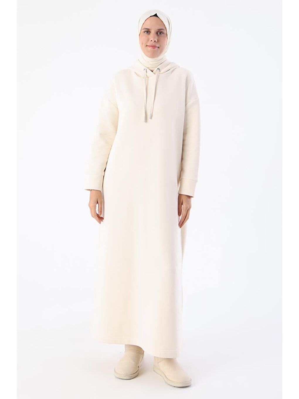 Ekru Kapüşonlu Basic Elbise-1