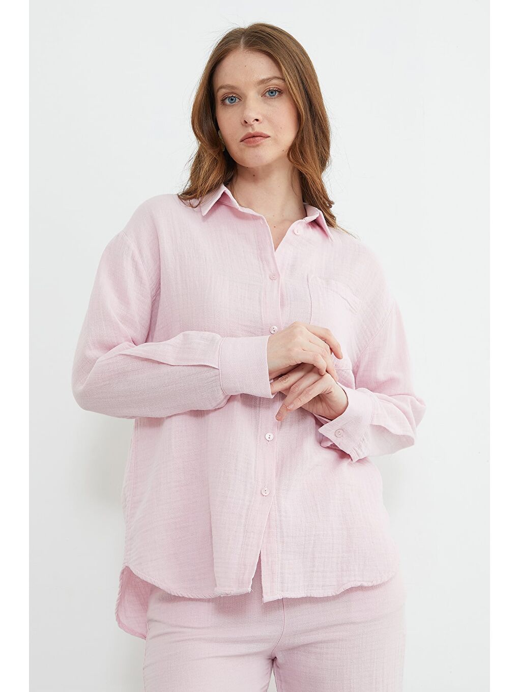 Pembe Tek Cepli Müslin Kumaş Salaş Gömlek-4