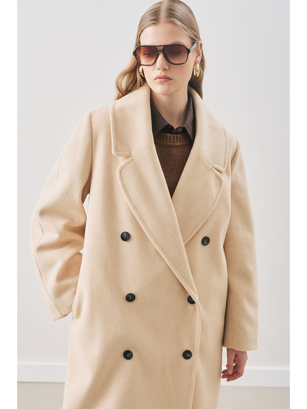 Kruvaze Yün Palto Bej-3