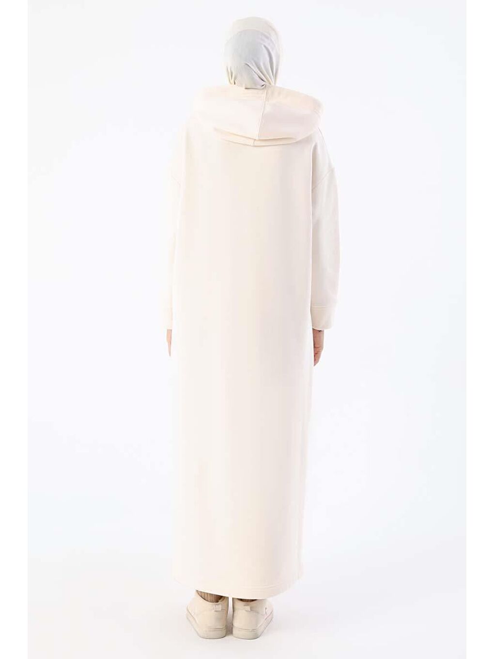 Ekru Kapüşonlu Basic Elbise-3