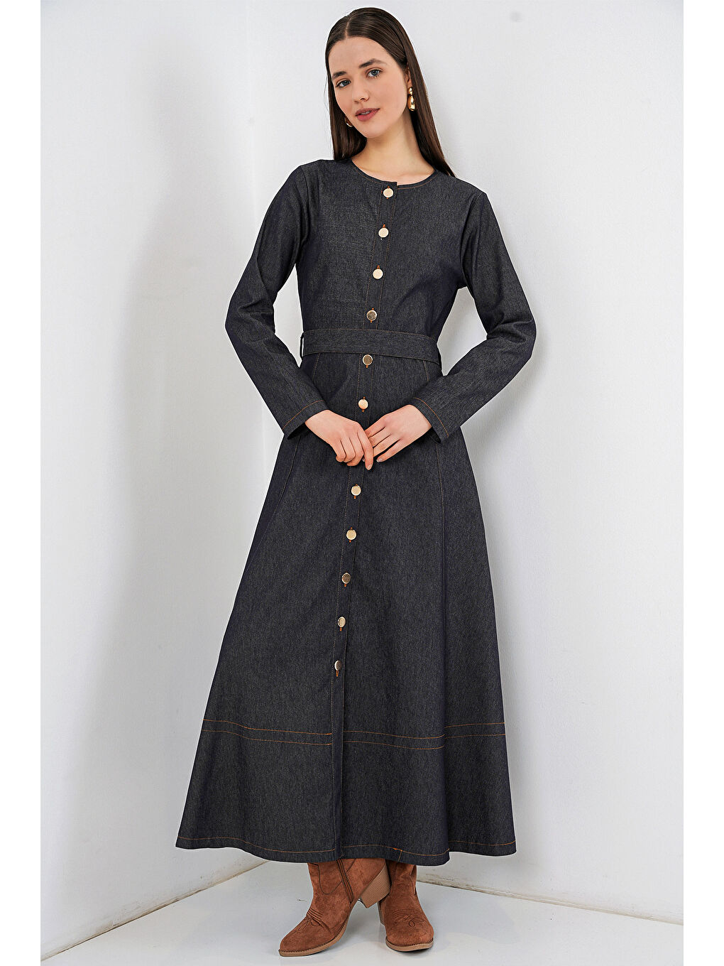 Kadın Kuşaklı Uzun Denim Elbise 2595 - Lacivert-2