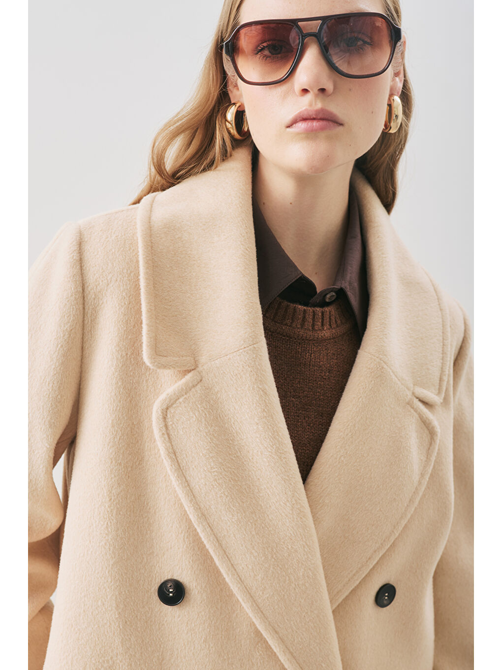 Kruvaze Yün Palto Bej-4