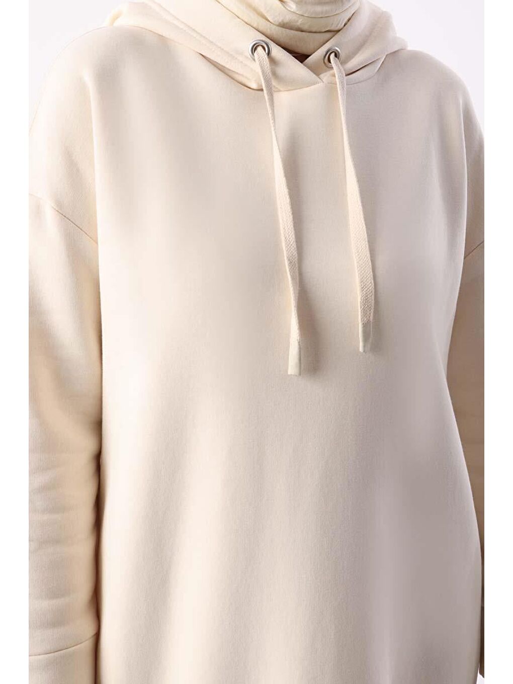 Ekru Kapüşonlu Basic Elbise-4