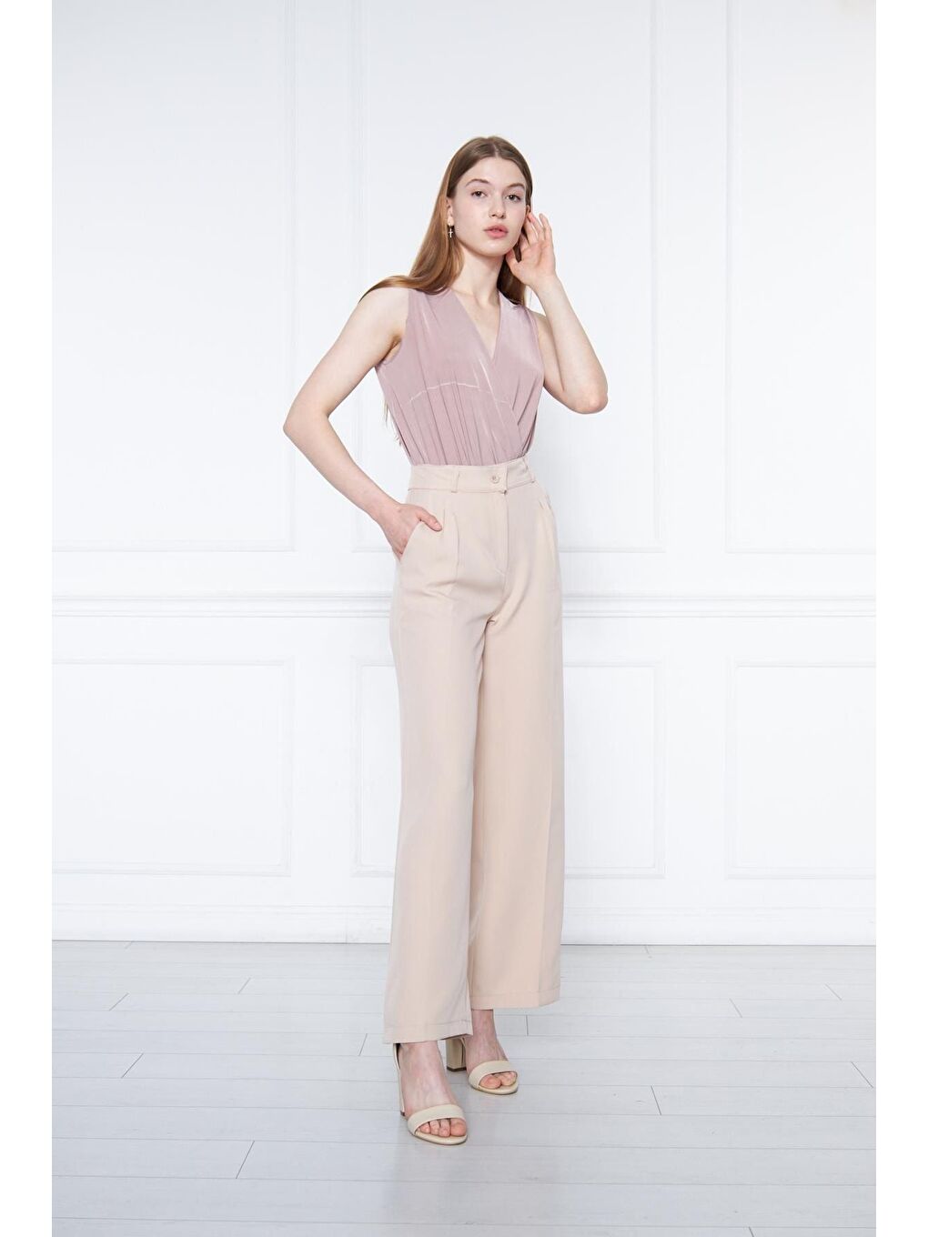 Kadın Bej Yüksek Bel Palazzo Pantolon