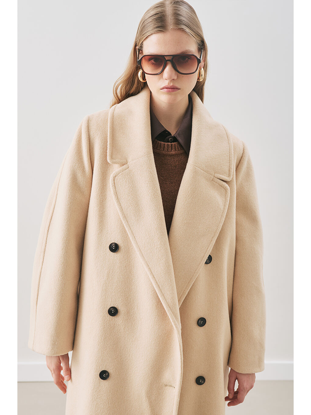 Kruvaze Yün Palto Bej-5