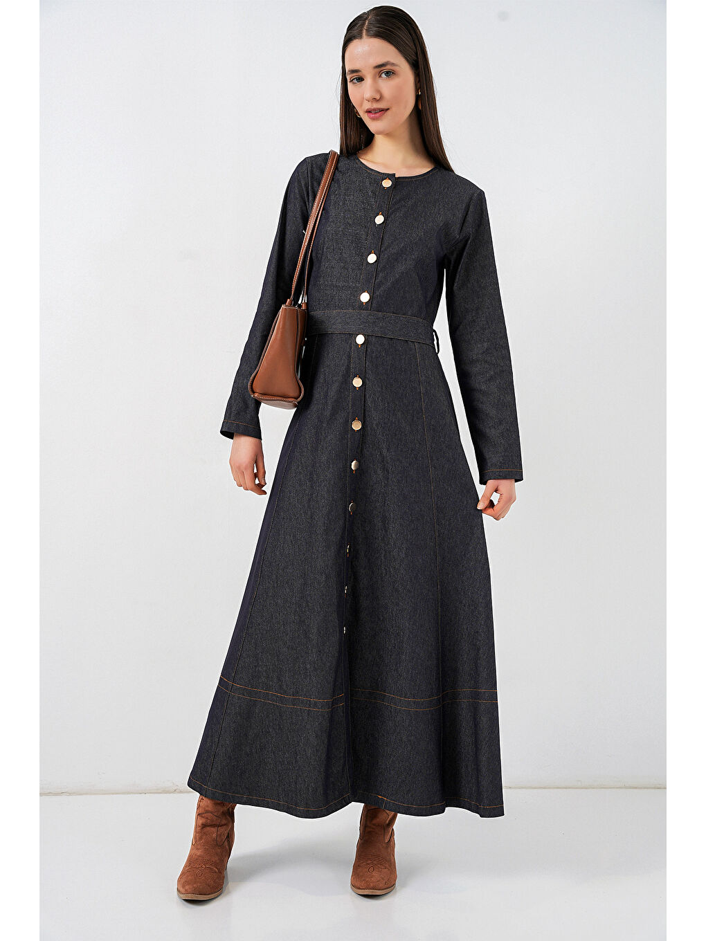 Kadın Kuşaklı Uzun Denim Elbise 2595 - Lacivert-3