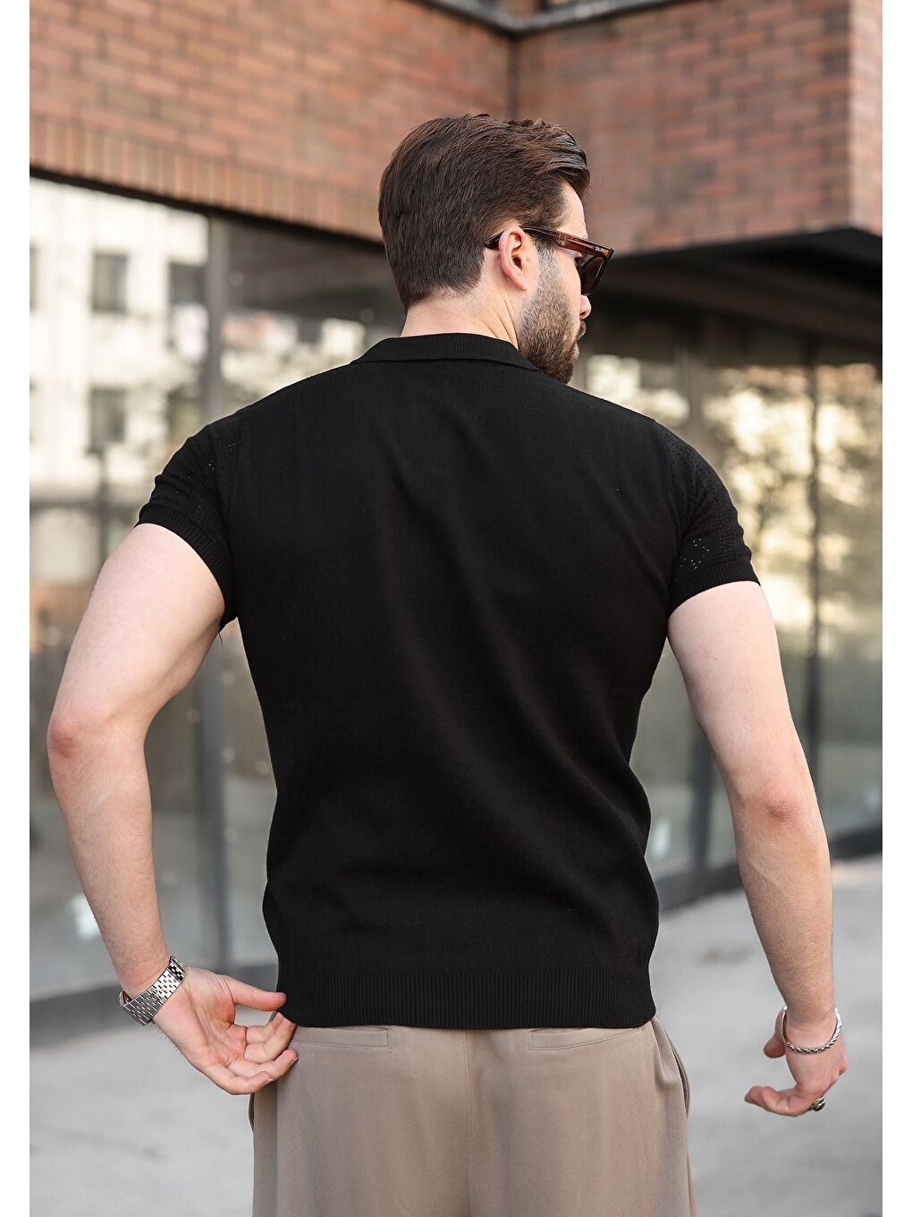 Siyah Delikli Polo Yaka Erkek Triko Tişört E7495-4