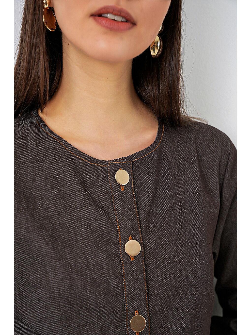 Gri Kadın Kuşaklı Uzun Denim Elbise 2595 - Füme-4