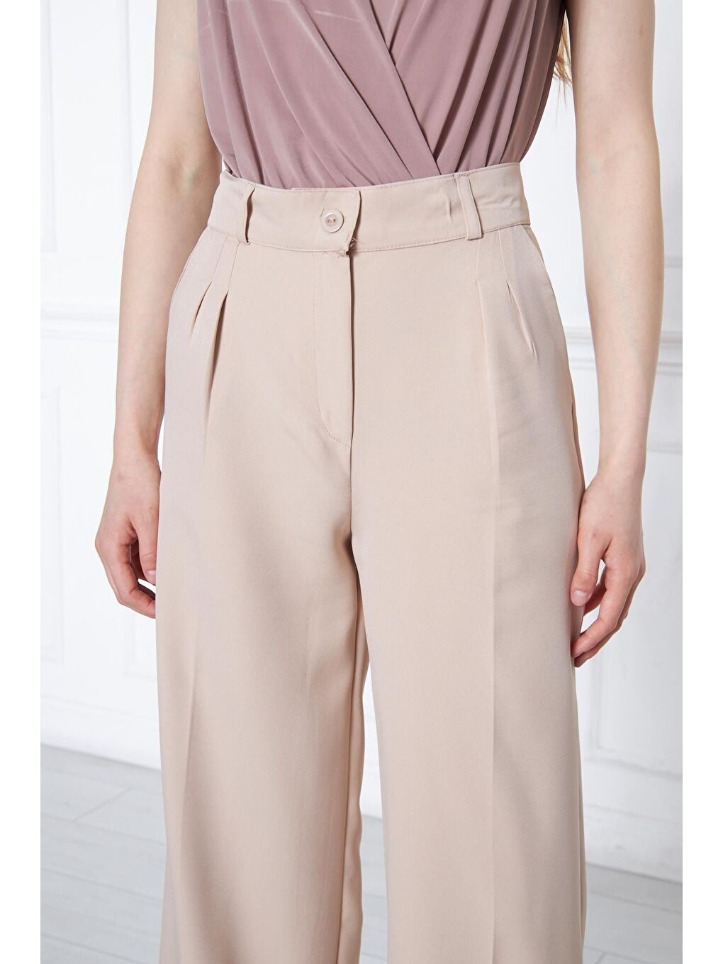 Kadın Bej Yüksek Bel Palazzo Pantolon-1