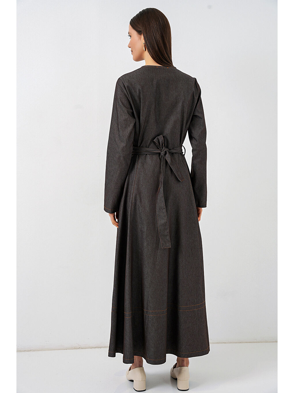 Gri Kadın Kuşaklı Uzun Denim Elbise 2595 - Füme-5